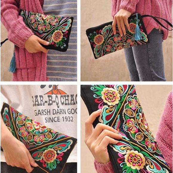 NEW| Boho Embroidered Flower Wristlet Clutch Handbag - Picture 7 of 11